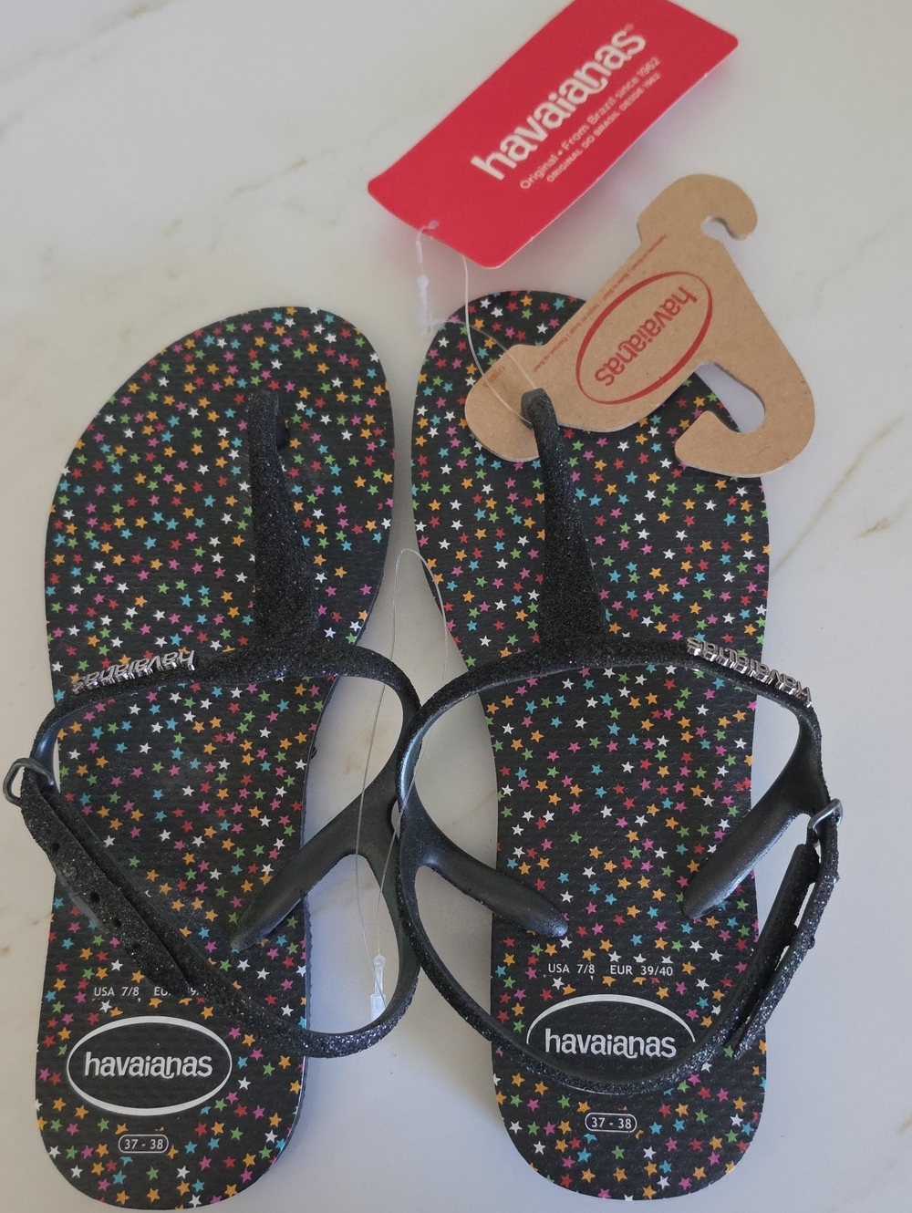 NWT Havaianas Luna Black Star Print Glitter Sandals Size 7/8 EUR 39/40